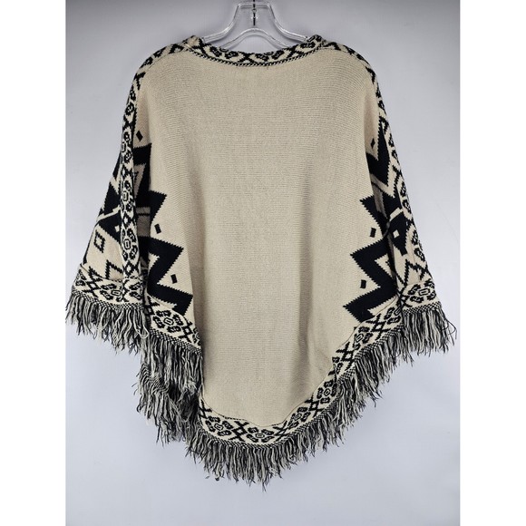 Francesca's Aztec Double Layer Knit Poncho Cape Sweater with Fringe One Size - Picture 2 of 6